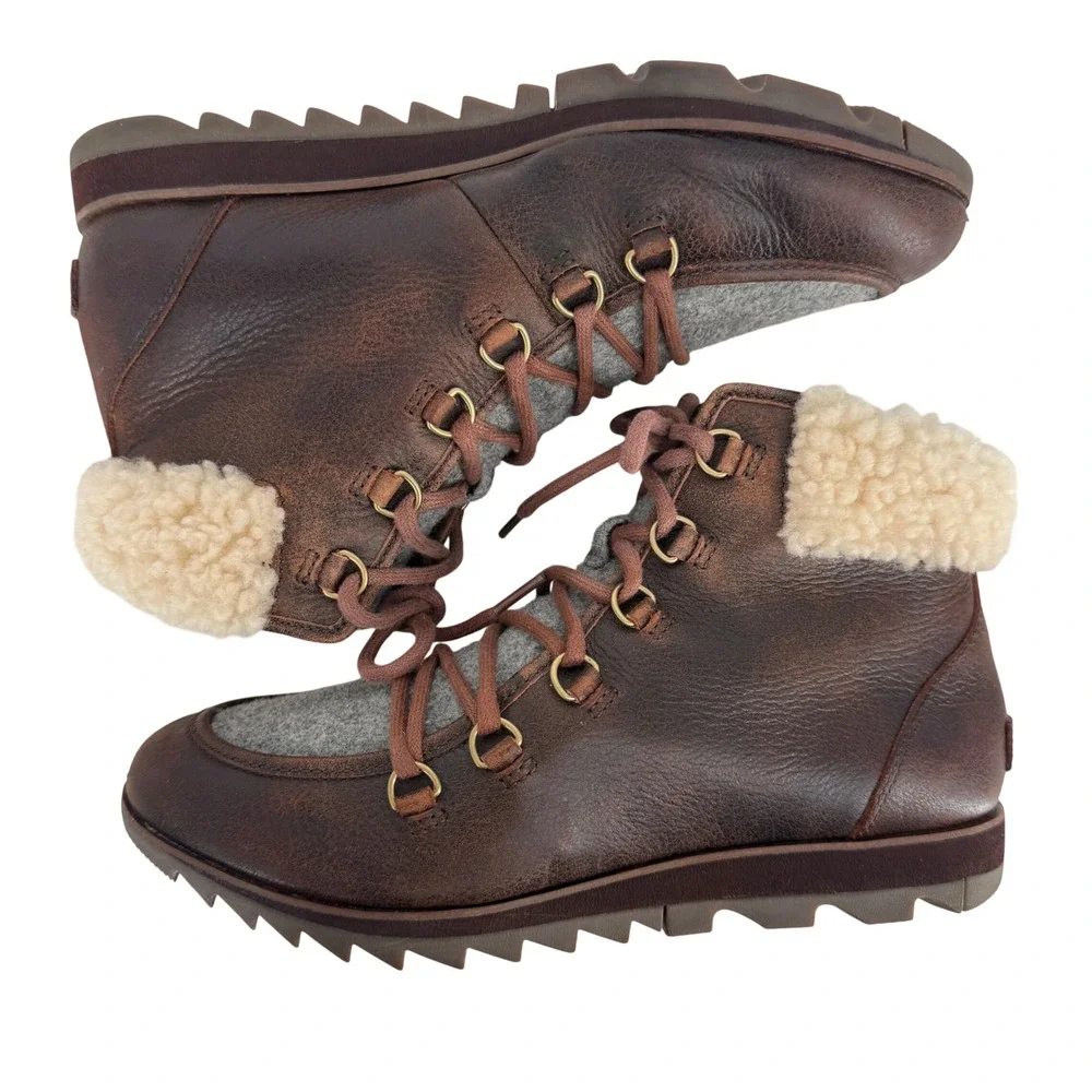 Sorel Harlow Lace Cozy Boots Women 9.5 Brown Leather Wool Hiker Ankle Waterproof